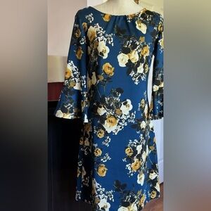 New York & Co Sheath Dress Women Medium Blue Yellow Rose Floral 3/4 Bell Sleeve